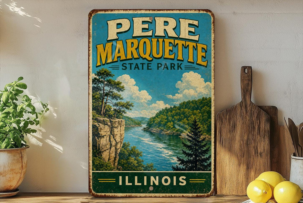 A vintage-style sign for the state park of Illinois, featuring a scenic landscape with a river, mountains, and trees.