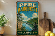 A vintage-style sign for the state park of Illinois, featuring a scenic landscape with a river, mountains, and trees.