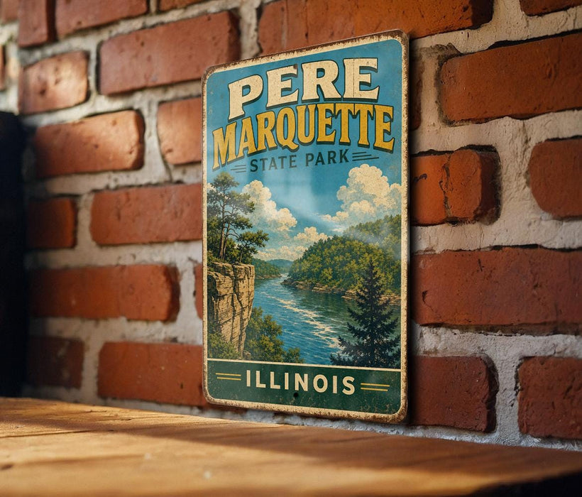 A vintage-style metal sign for the state park of Illinois, featuring a scenic landscape with a river, mountains, and trees.