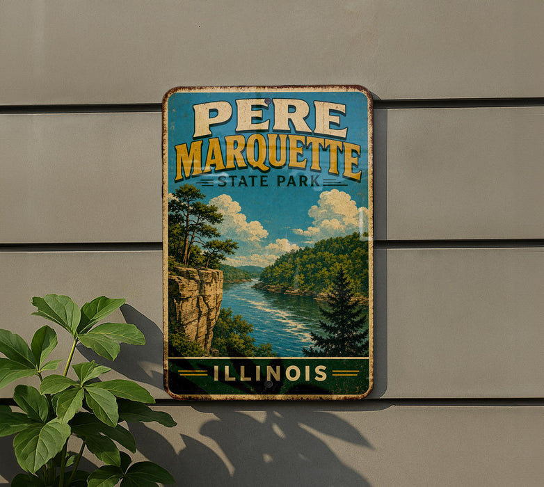 A vintage-style metal sign for the state park of Illinois, featuring a scenic landscape with a river, trees, and mountains.