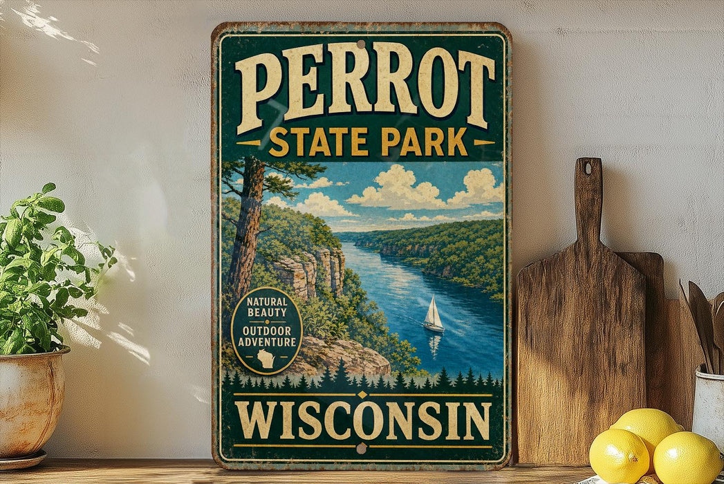 A vintage-style sign for Perrot State Park in Wisconsin, featuring a scenic landscape with a river, mountains, and a sailboat.