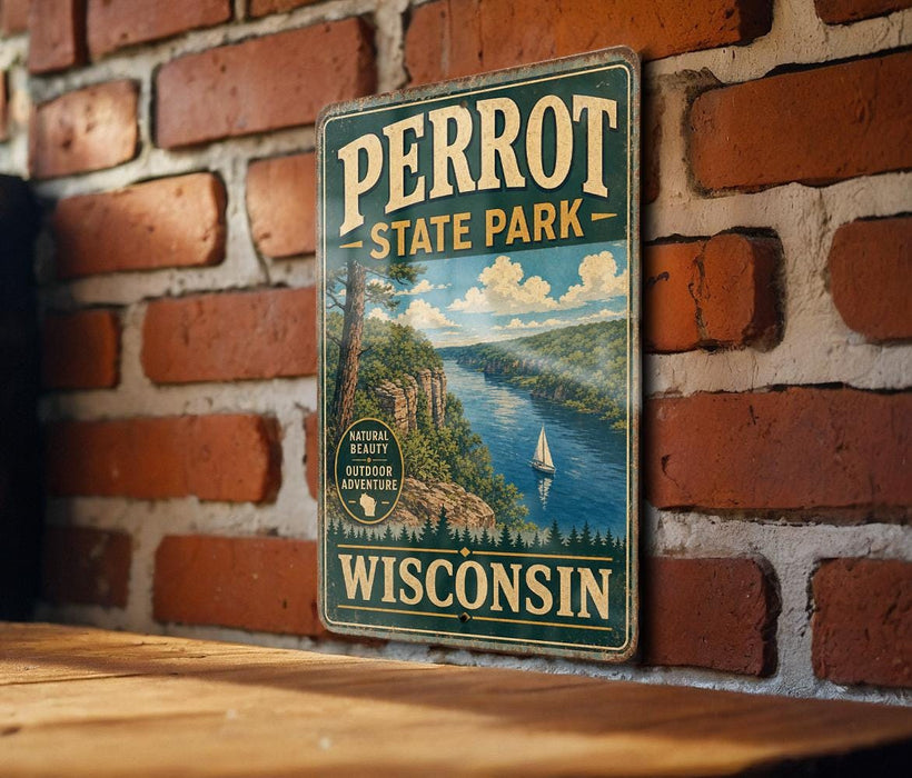 A vintage-style metal sign for Perrot State Park in Wisconsin, featuring a scenic illustration of a lake and mountains.