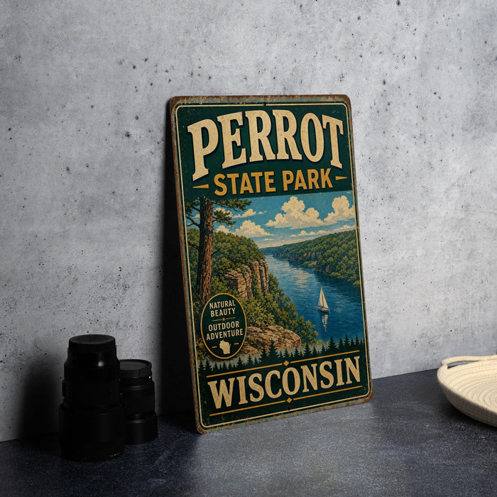 A vintage-style sign for Perrot State Park in Wisconsin, featuring a scenic landscape with a river, mountains, and a sailboat.