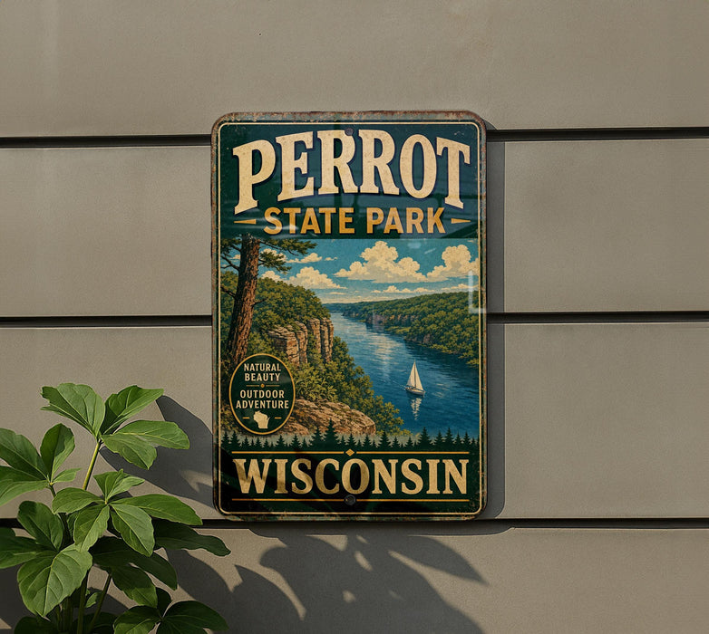 A vintage metal sign for Perrot State Park in Wisconsin, featuring a scenic landscape with a river, mountains, and a sailboat.