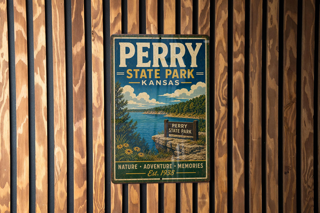 A vintage-style metal sign for Perry State Park in Kansas, featuring a scenic landscape with a lake, mountains, and a waterfall.