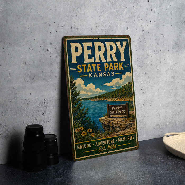 A vintage-style metal sign for Perry State Park in Kansas, featuring a scenic landscape with a lake and mountains.
