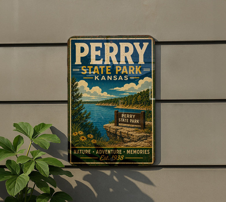 A vintage-style metal sign for Perry State Park in Kansas, featuring a scenic landscape with a lake, mountains, and a sign indicating the park's name.