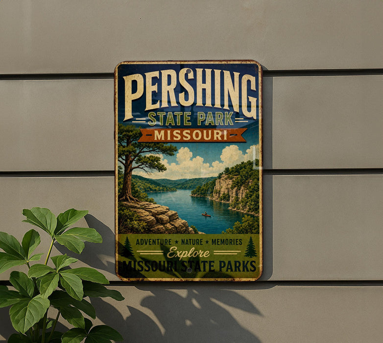 A vintage metal sign for Pershing State Park in Missouri, featuring a scenic landscape with a river, mountains, and a person in a canoe.