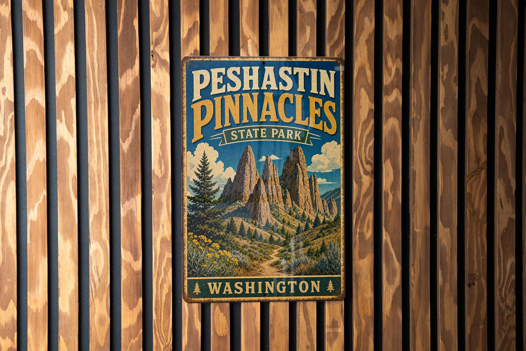 A vintage metal sign for Peshtin Pinnacles State Park in Washington, featuring a mountain landscape with a trail leading through it.