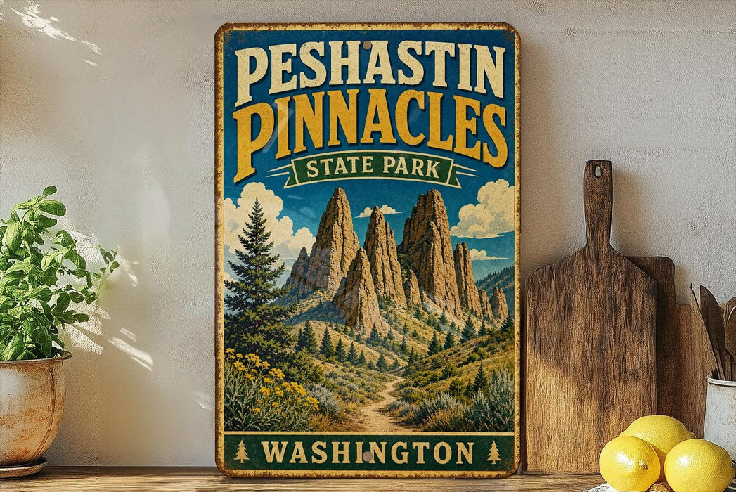 A vintage-style sign for Peshtin Pinnacles State Park in Washington, featuring a scenic mountain landscape with pine trees and a winding path.