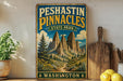 A vintage-style sign for Peshtin Pinnacles State Park in Washington, featuring a scenic mountain landscape with pine trees and a winding path.