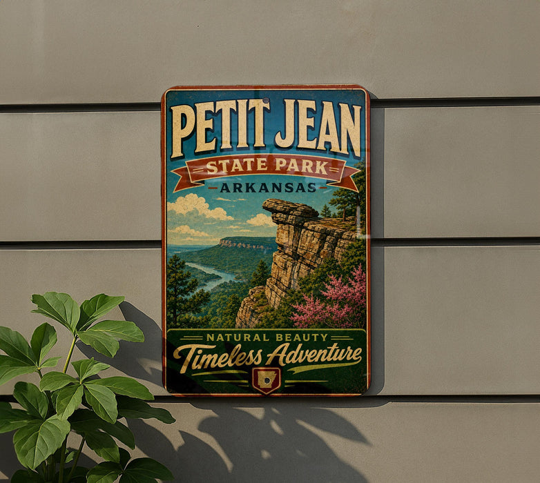 A vintage-style sign for Petit Jean State Park in Arkansas, featuring a scenic landscape with a cliff and a river.