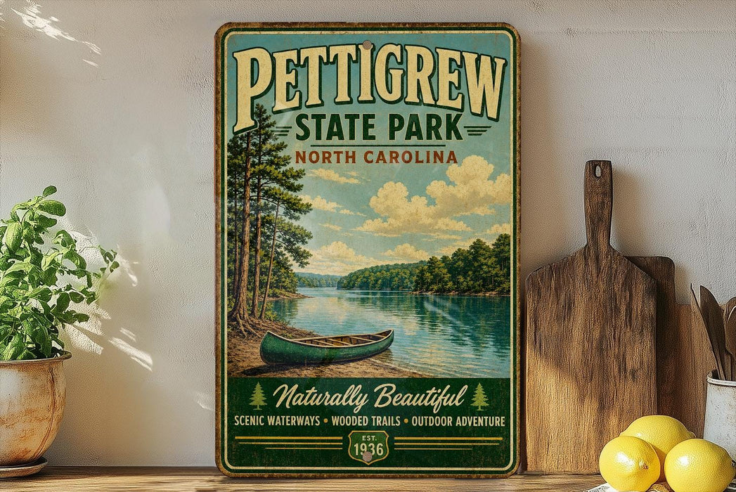 A vintage-style sign for Pettigrew State Park, featuring a scenic image of a lake with a canoe, surrounded by pine trees and mountains.