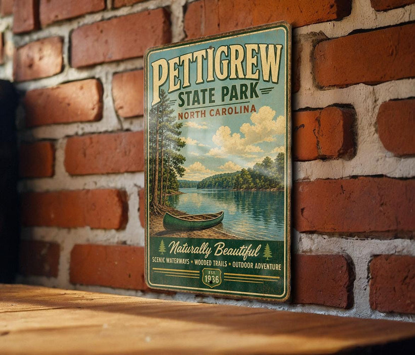 A vintage-style metal sign for Pettigrew State Park, North Carolina, featuring a scenic image of a lake and a canoe, mounted on a brick wall.