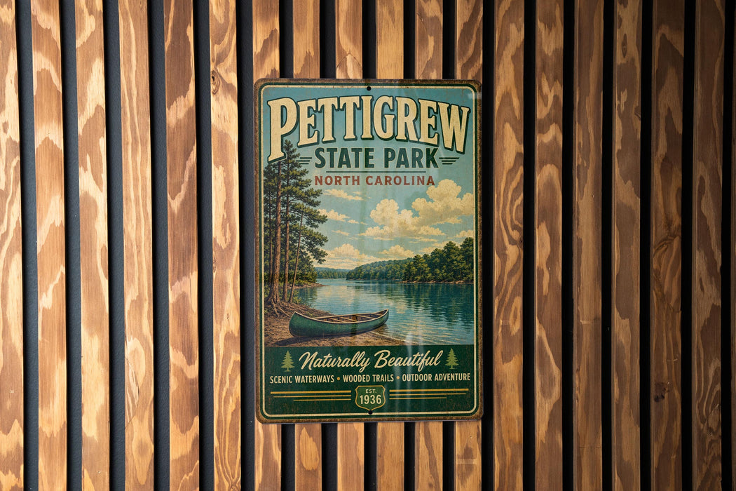 A vintage metal sign for Pettigrew State Park in North Carolina, featuring a scenic image of a lake with a canoe, is displayed on a wooden wall.