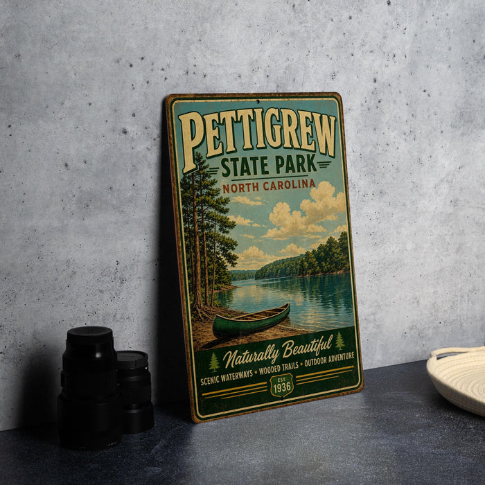 A vintage metal sign for Pettigrew State Park in North Carolina, featuring a scenic image of a lake and forest.