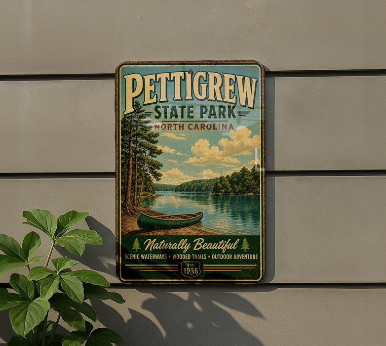 A vintage-style metal sign for Pettigrew State Park in North Carolina, featuring a scenic image of a lake with a canoe and trees.