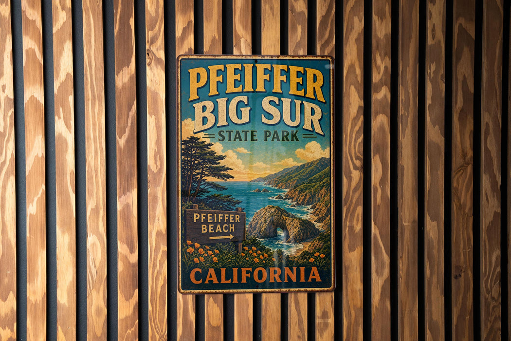 A vintage-style metal sign for Pfeiffer Big Sur State Park, featuring a scenic landscape with mountains, water, and a beach.