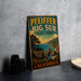 A vintage-style metal sign for Pfeiffer Big Sur State Park in California, featuring a scenic landscape with mountains, a beach, and a sign for Pfeiffer Beach.