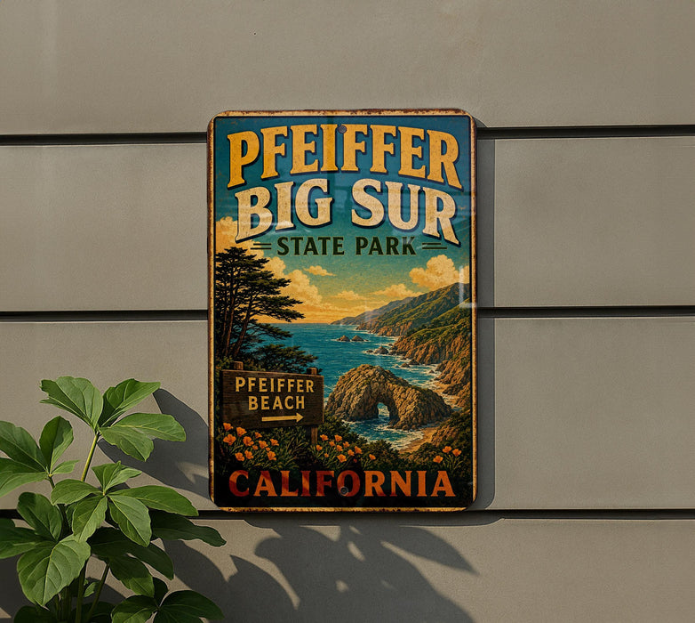 A vintage-style metal sign for Pfeiffer Big Sur State Park, featuring a scenic landscape with mountains, a beach, and a tunnel.