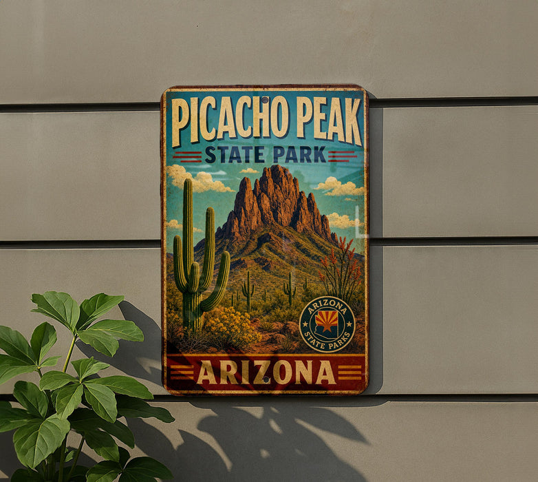 A vintage-style metal sign for Picacho Peak State Park in Arizona, featuring a desert landscape with cacti and mountains.