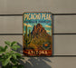 A vintage-style metal sign for Picacho Peak State Park in Arizona, featuring a desert landscape with cacti and mountains.