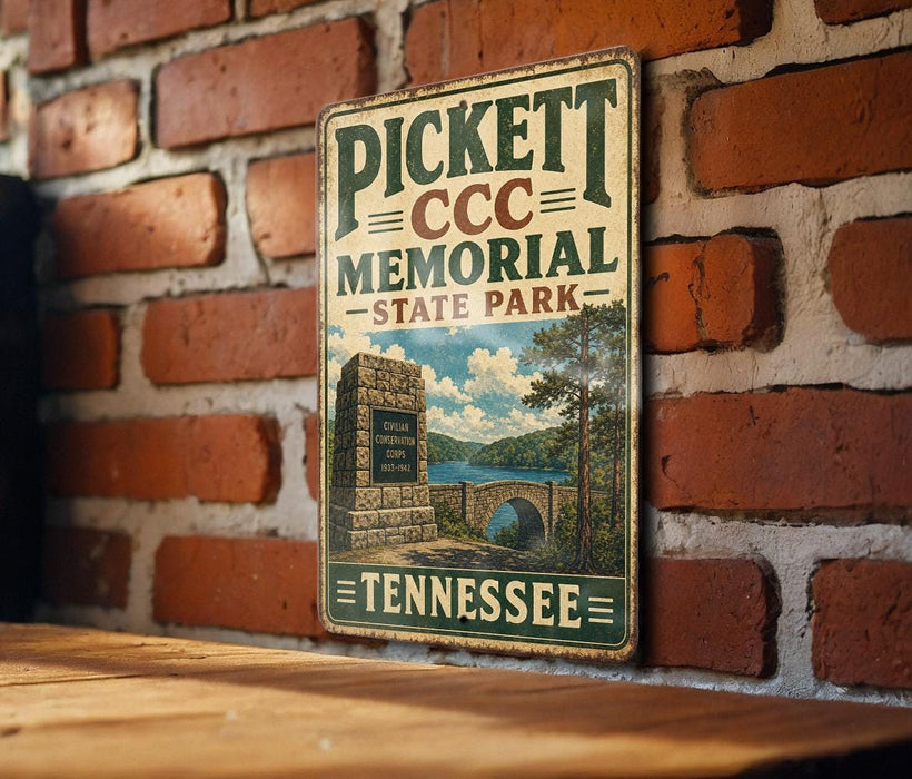 A vintage metal sign for Pickett Memorial State Park in Tennessee, featuring a scenic illustration of the park and a stone monument.