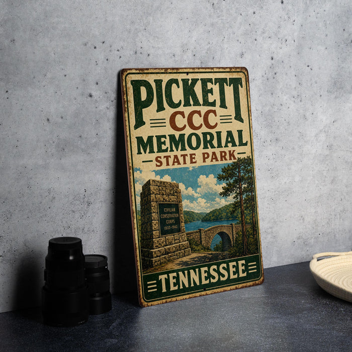 A vintage metal sign for the PickettCCC Memorial State Park in Tennessee, featuring a scenic illustration of the park and a bridge.