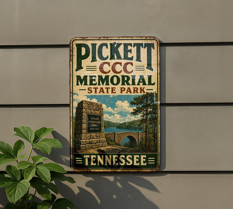 A vintage-style metal sign for Pickett Memorial State Park in Tennessee, featuring a scenic illustration of a stone monument and a bridge.