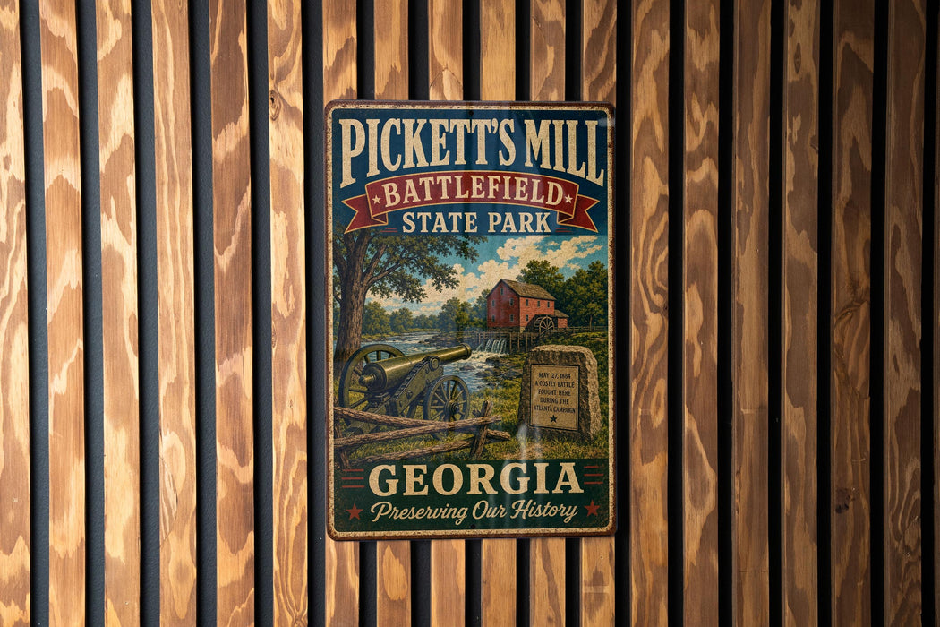 A vintage metal sign for Pickett's Mill Battlefield State Park in Georgia, featuring a scenic illustration of a mill and a river.
