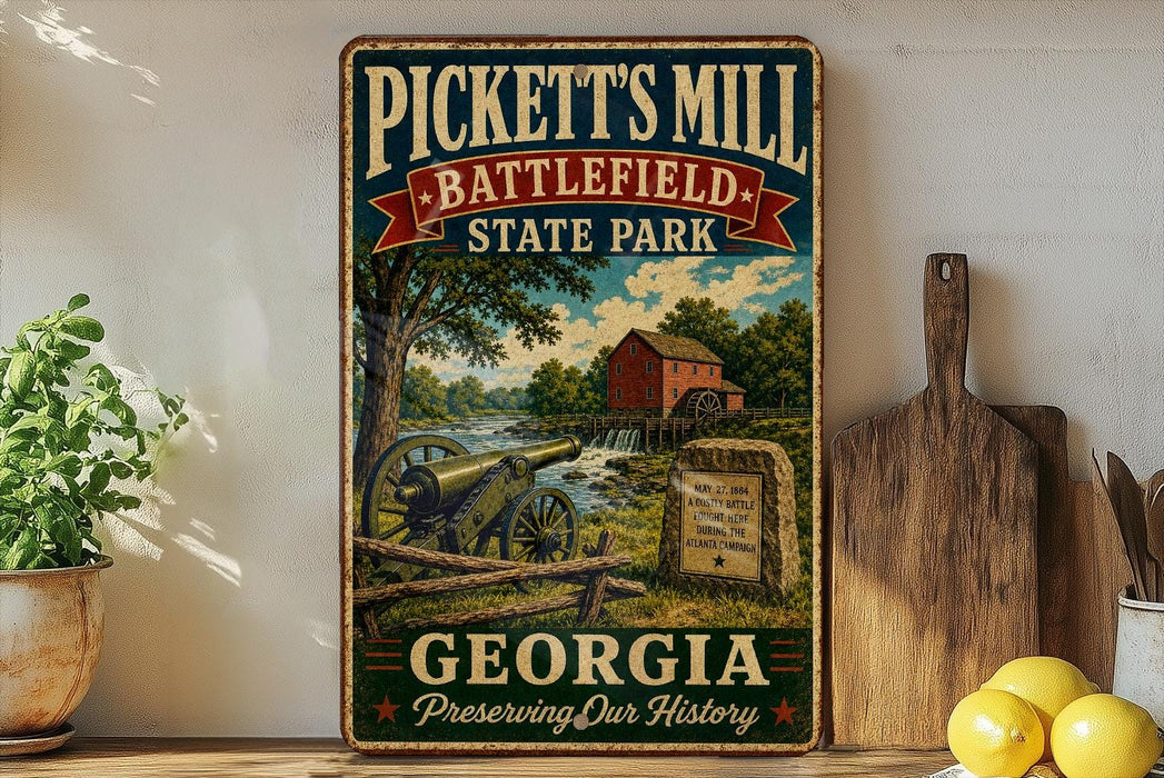 A vintage-style metal sign for Pickett's Mill Battlefield State Park in Georgia, featuring a cannon, a wooden sign, and a scenic landscape.