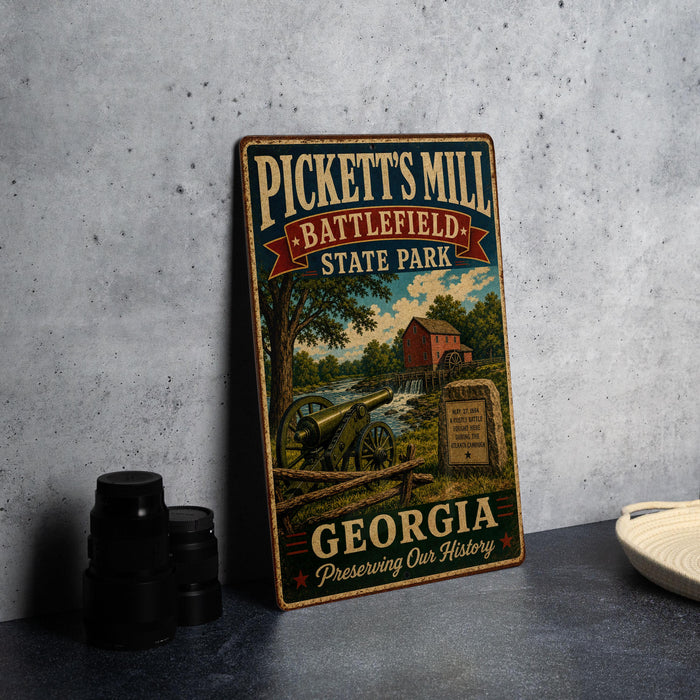 A vintage metal sign for Pickett's Mill Battlefield State Park in Georgia, featuring an illustration of a cannon and a barn, stands on a gray countertop next to a stack of black camera lenses.