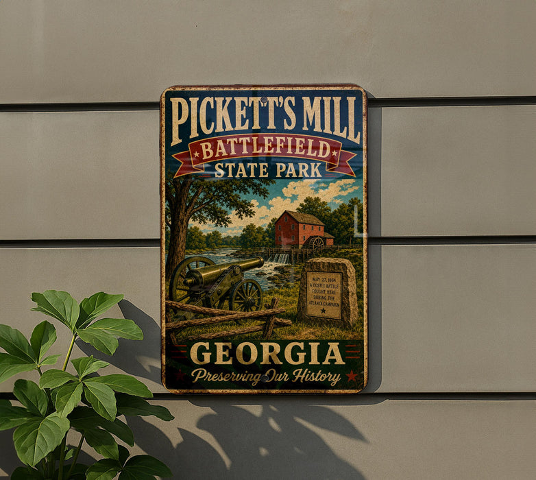 A vintage metal sign for Pickett's Mill Battlefield State Park in Georgia, featuring a cannon and a scenic landscape.