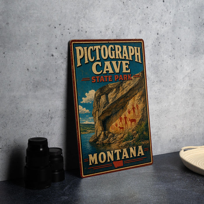 A vintage-style metal sign for Pictograph Cave State Park in Montana, featuring an illustration of the cave and its surroundings.