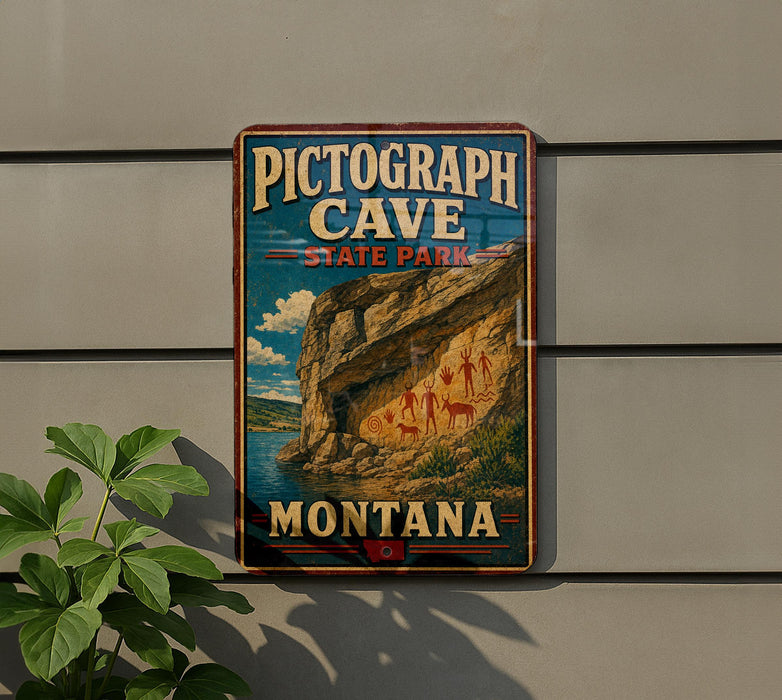 A vintage-style sign for Pictograph Cave, a state park in Montana, featuring an illustration of the cave and its surroundings.