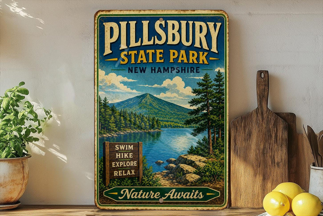 A vintage-style sign for Pillsbury State Park in New Hampshire, featuring a scenic mountain landscape with a lake and pine trees.