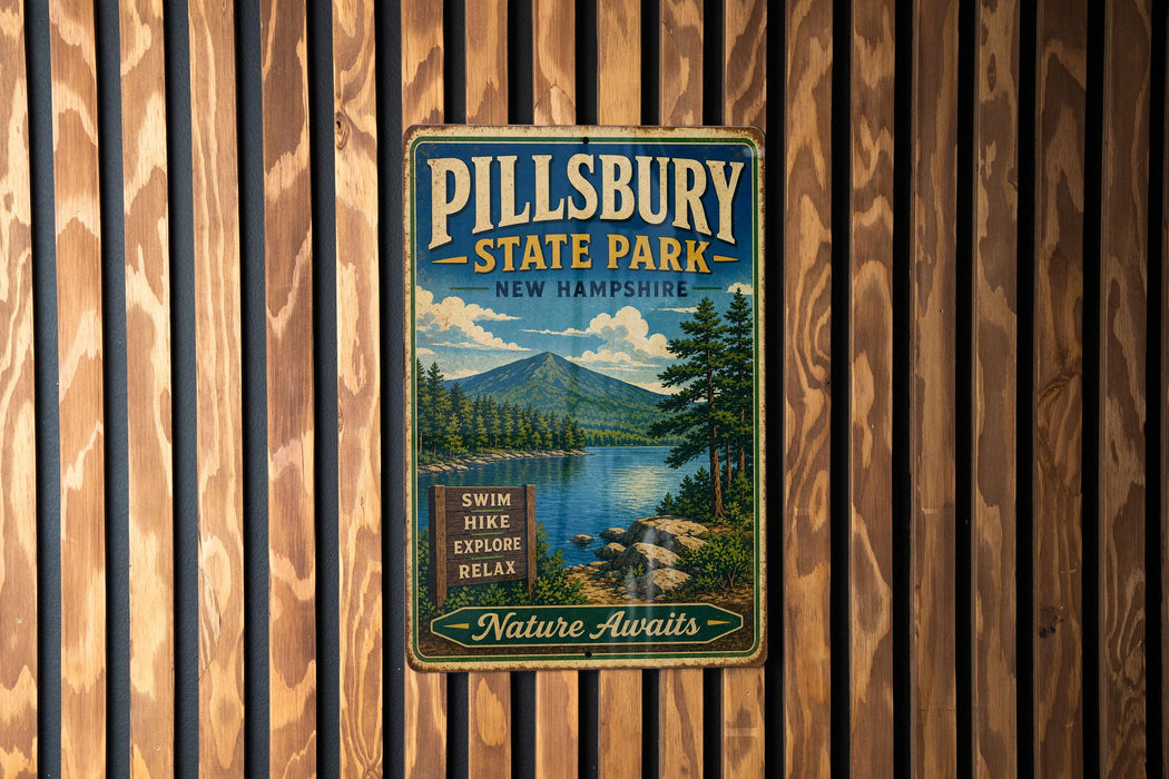 A vintage metal sign for Pillsbury State Park in New Hampshire, featuring a scenic mountain landscape and a lake.