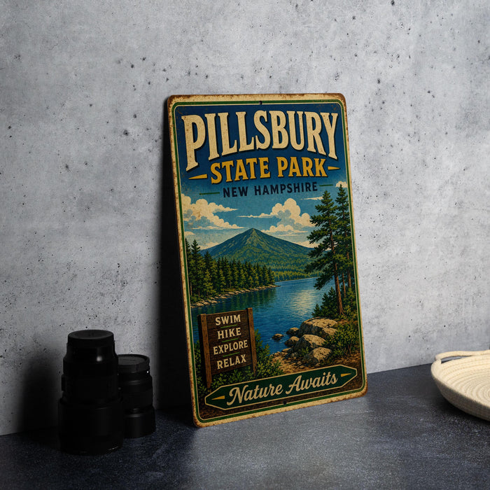 A vintage-style sign for Pillsbury State Park in New Hampshire, featuring a scenic mountain landscape and inviting visitors to explore, relax, and swim in the nearby lake.