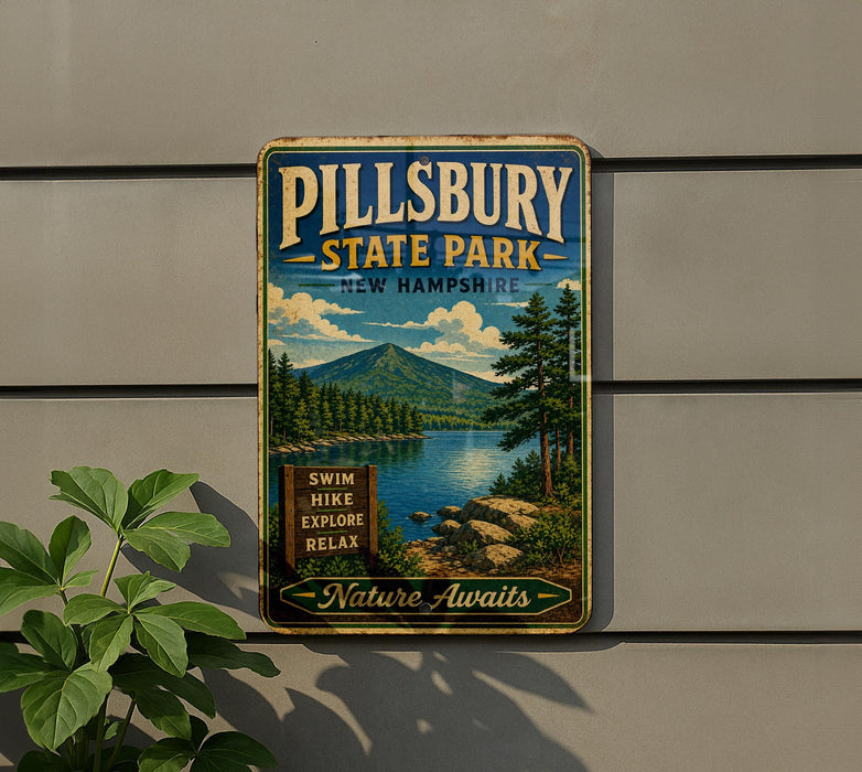 A vintage metal sign for Pillsbury State Park in New Hampshire, featuring a scenic landscape with mountains, trees, and a lake.