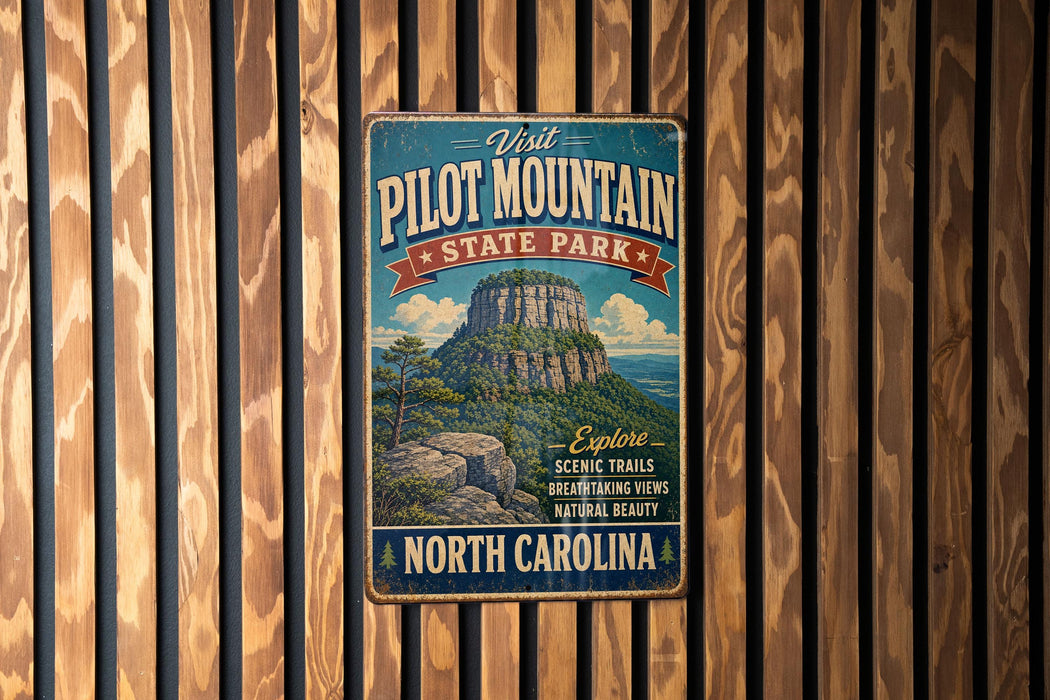 a vintage-style metal sign for Pilot Mountain State Park in North Carolina, mounted on a wooden wall.