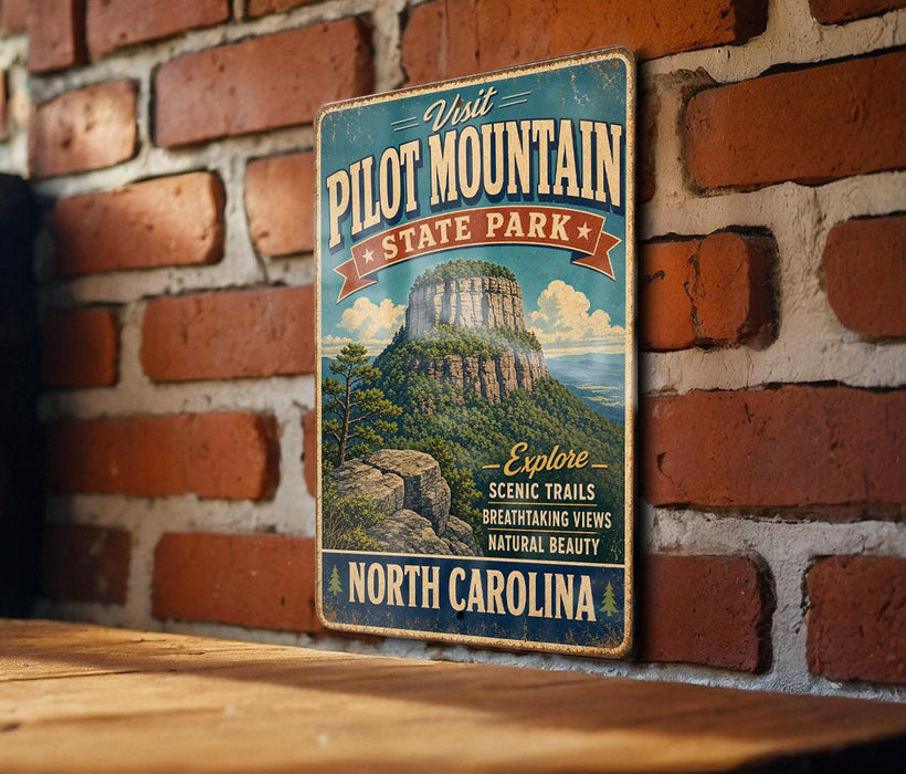 a vintage-style metal sign with a mountain landscape and text, mounted on a brick wall.