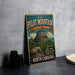 a vintage-style metal sign for Pilot Mountain State Park, with a scenic mountain landscape and text inviting visitors to explore the park's scenic trails, breathtaking views, and natural beauty.