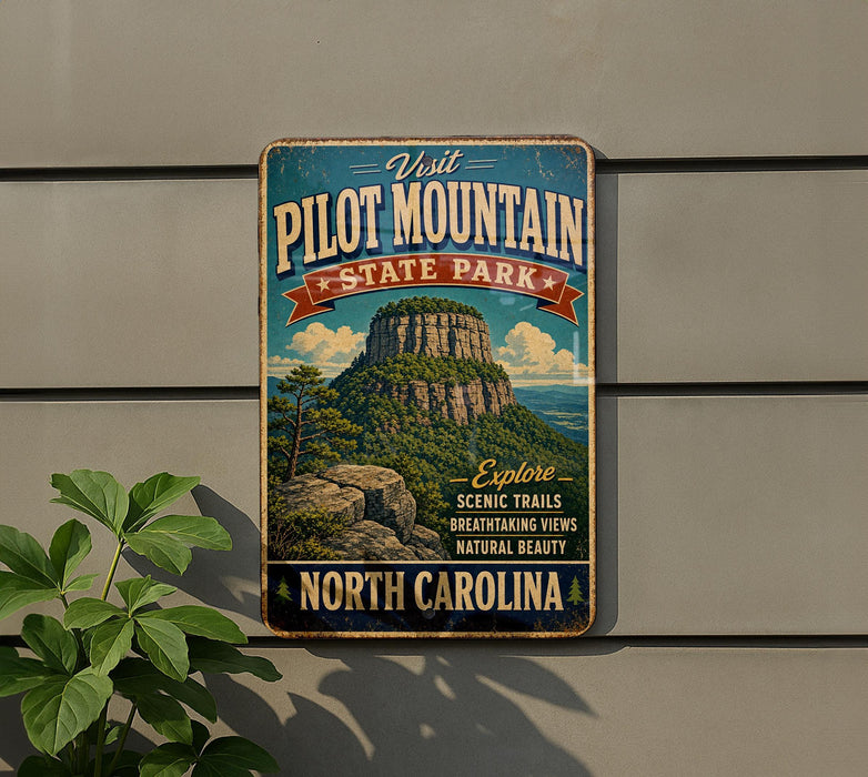 a vintage-style metal sign for Pilot Mountain State Park in North Carolina, with a mountain landscape and scenic trails visible.