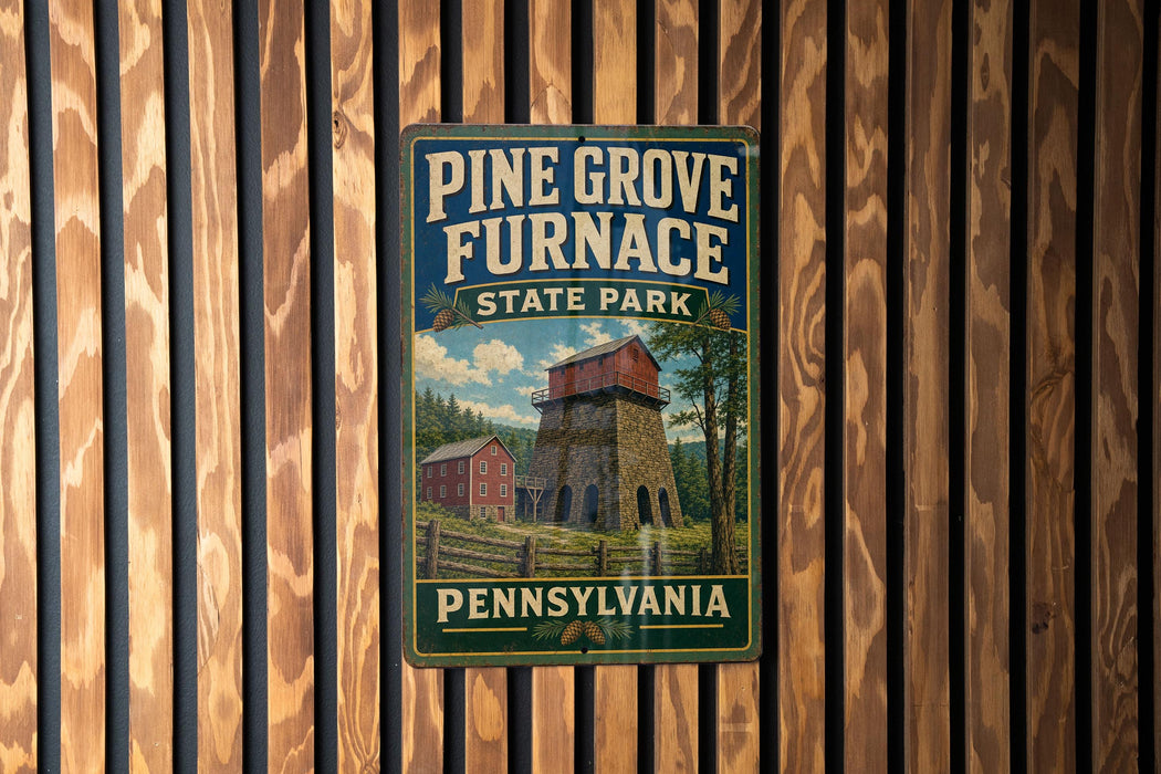A vintage-style metal sign for Pine Grove Furnace State Park in Pennsylvania, featuring an illustration of a red brick building with a tower.
