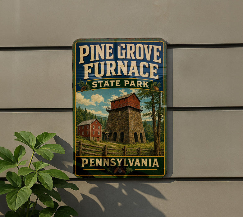 A sign for Pine Grove Furnace State Park in Pennsylvania, featuring a red brick building and a tree in the background.