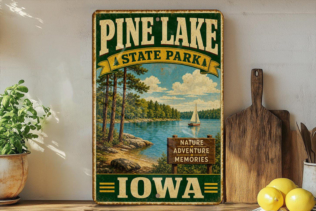 A vintage-style sign for Pine Lake State Park in Iowa, featuring a scenic image of a lake, trees, and a sailboat.