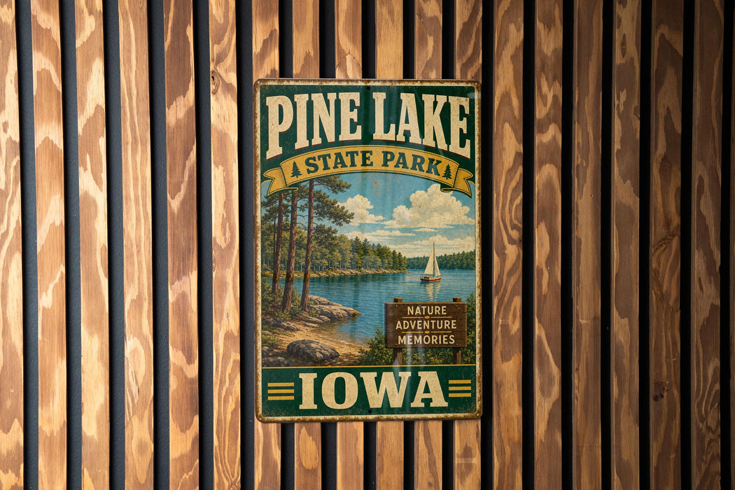 A vintage-style metal sign for Pine Lake State Park in Iowa, featuring a scenic landscape with a lake, trees, and a sailboat.