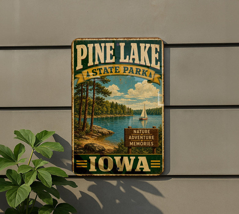 A vintage-style metal sign for Pine Lake State Park in Iowa, featuring a scenic image of the lake and surrounding nature.