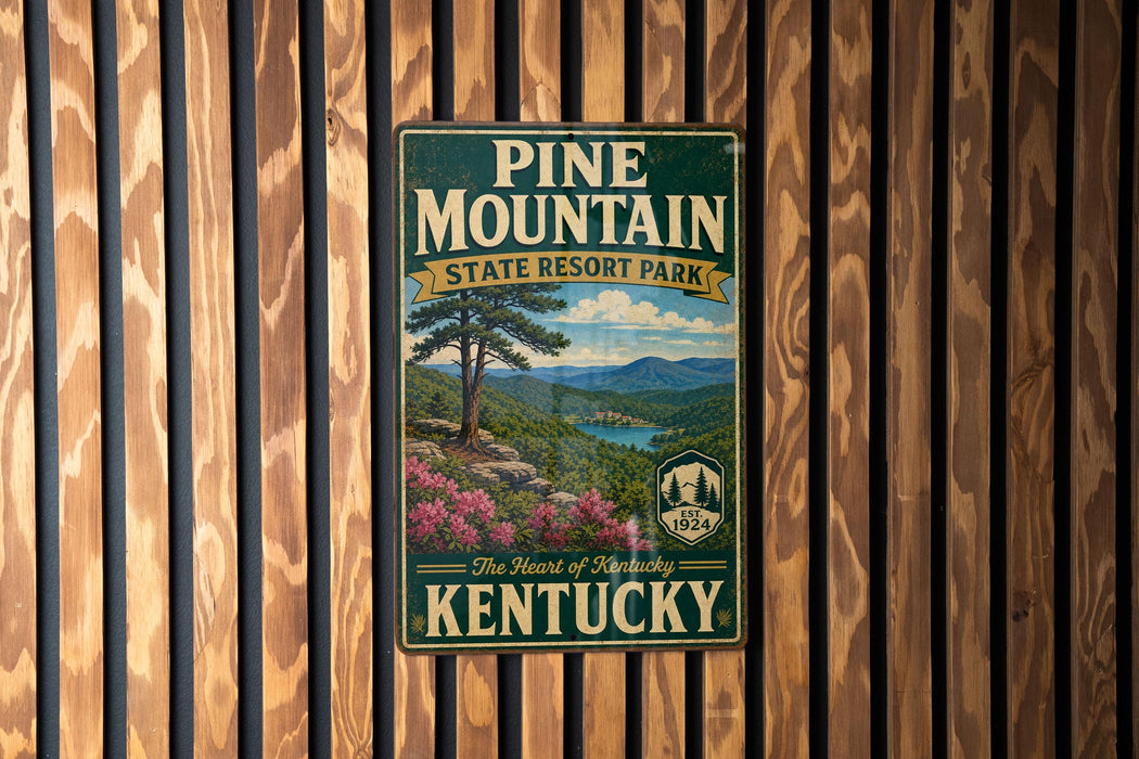 A vintage-style metal sign for Pine Mountain State Resort Park in Kentucky, featuring a scenic landscape with a pine tree, mountains, and a lake.