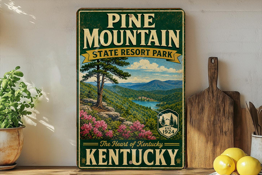 A vintage-style sign for Pine Mountain State Resort Park in Kentucky, featuring a scenic mountain landscape with pine trees, a lake, and mountains in the background.